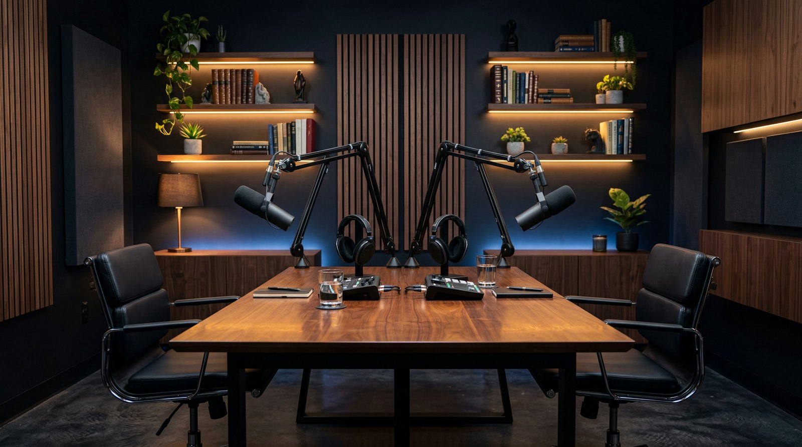 Podcastový stůl s mikrofony v tlumeně osvětleném studiu