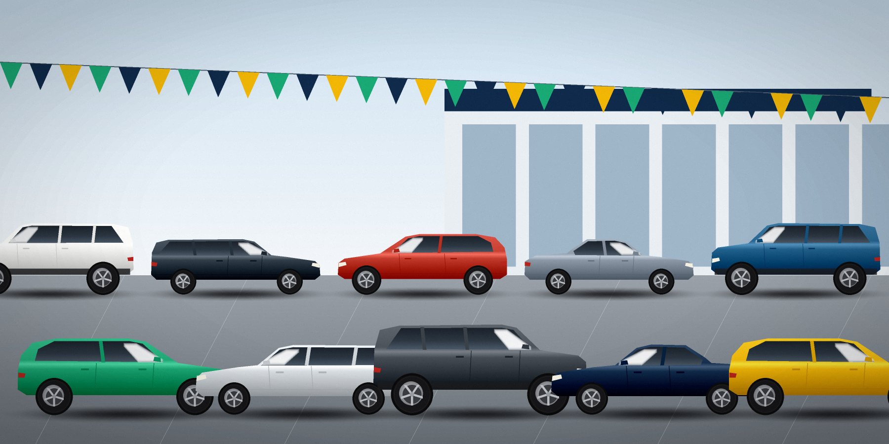 Ilustrace: dvě řady ojetých vozů na ploše autobazaru s praporky a prodejní budovou