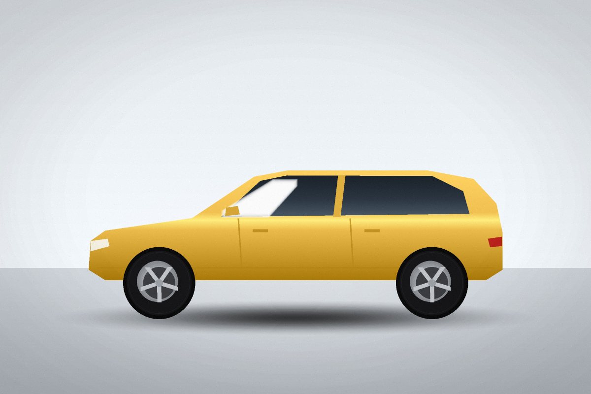 Ilustrace: Malý hatchback, žlutý, boční pohled
