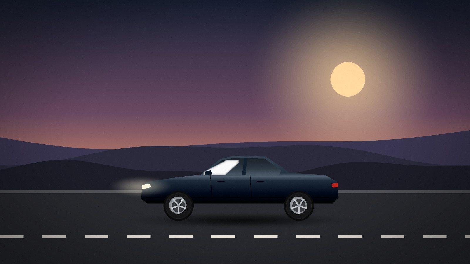 Ilustrace: sedan na silnici za soumraku