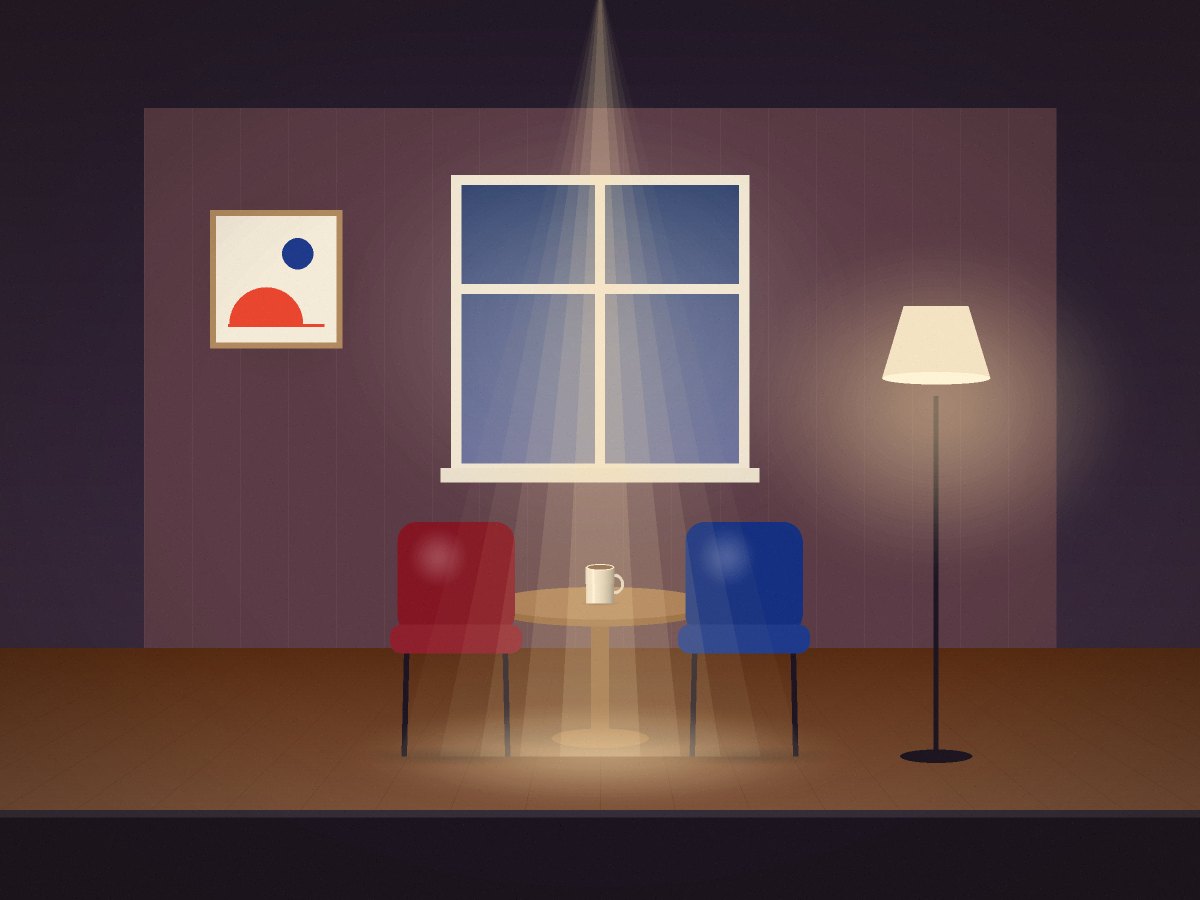Ilustrace: scéna pokoje se stolem, dvěma židlemi a lampou