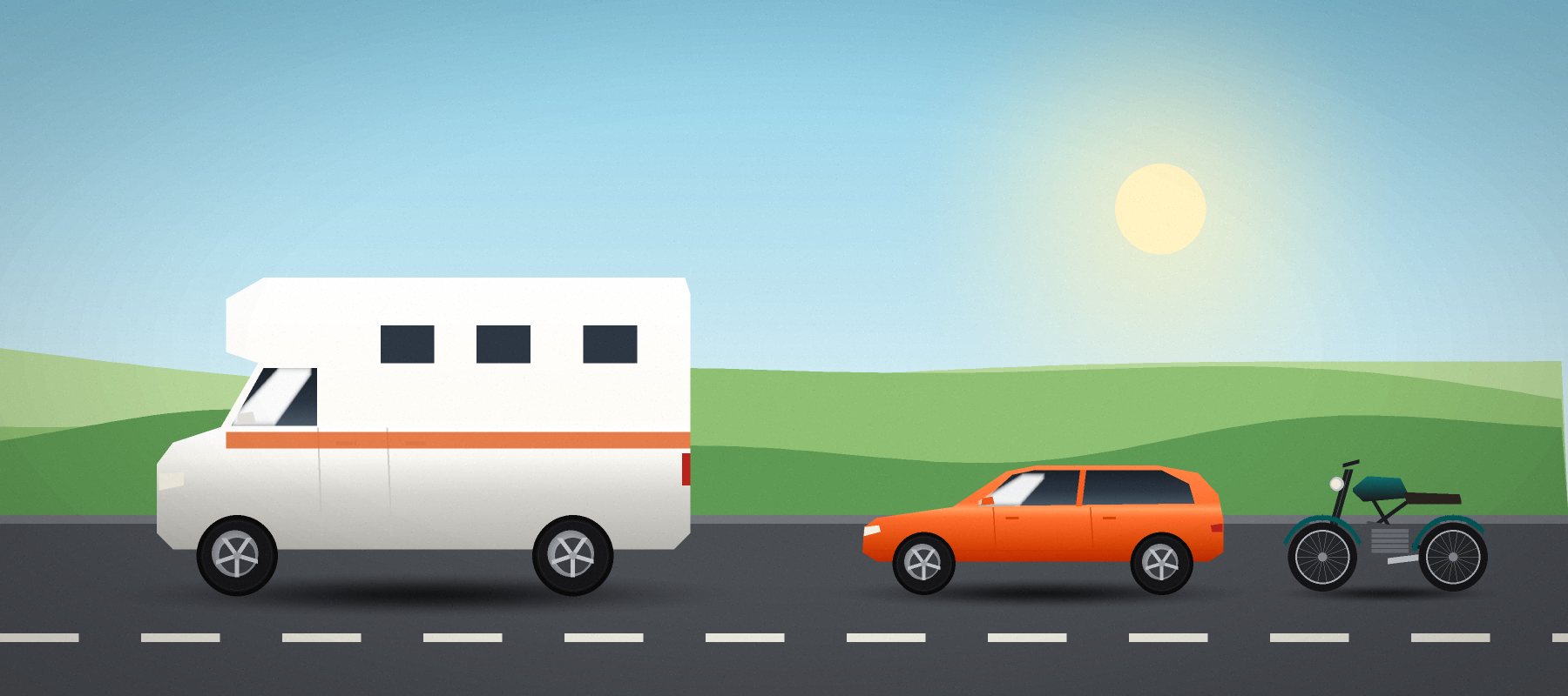 Ilustrace: obytný vůz, malý hatchback a motorka na silnici v zelené krajině