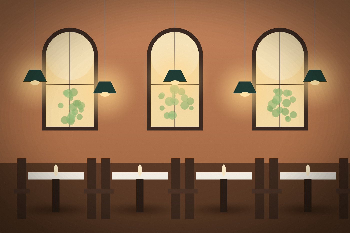 Ilustrace: interiér restaurace s obloukovými okny a lampami nad stoly