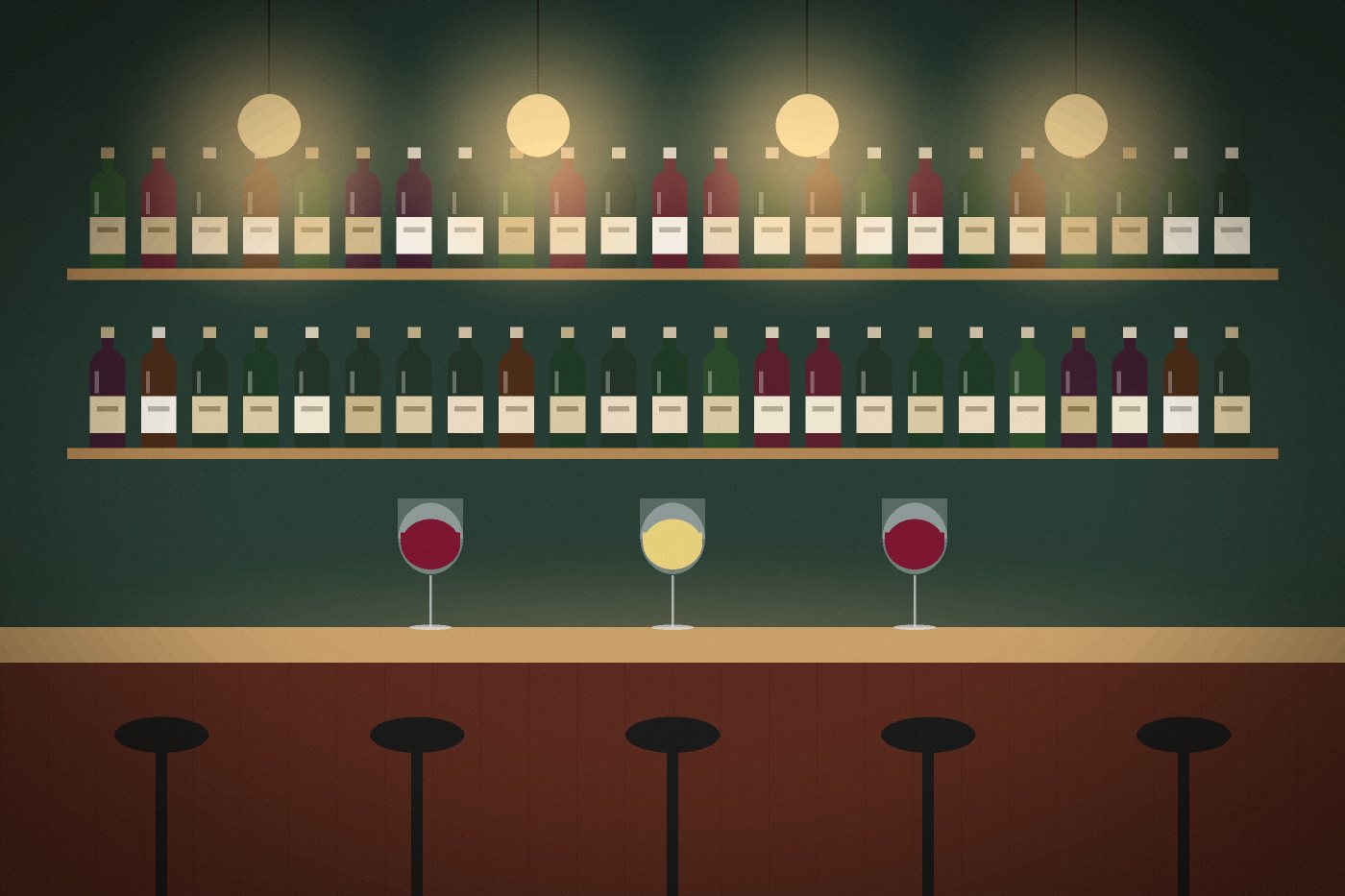 Ilustrace: bar s policemi lahví a barovými židlemi