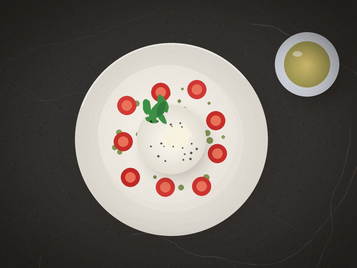 Ilustrace: burrata s pečenými rajčaty a bazalkou