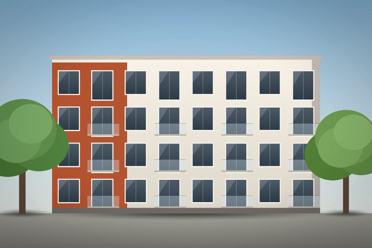 Ilustrace: čtyřpodlažní bytový dům s balkony